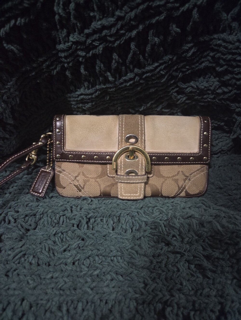 Y2K Coach Soho Suede Signature Studded Buckle Flap Wristlet